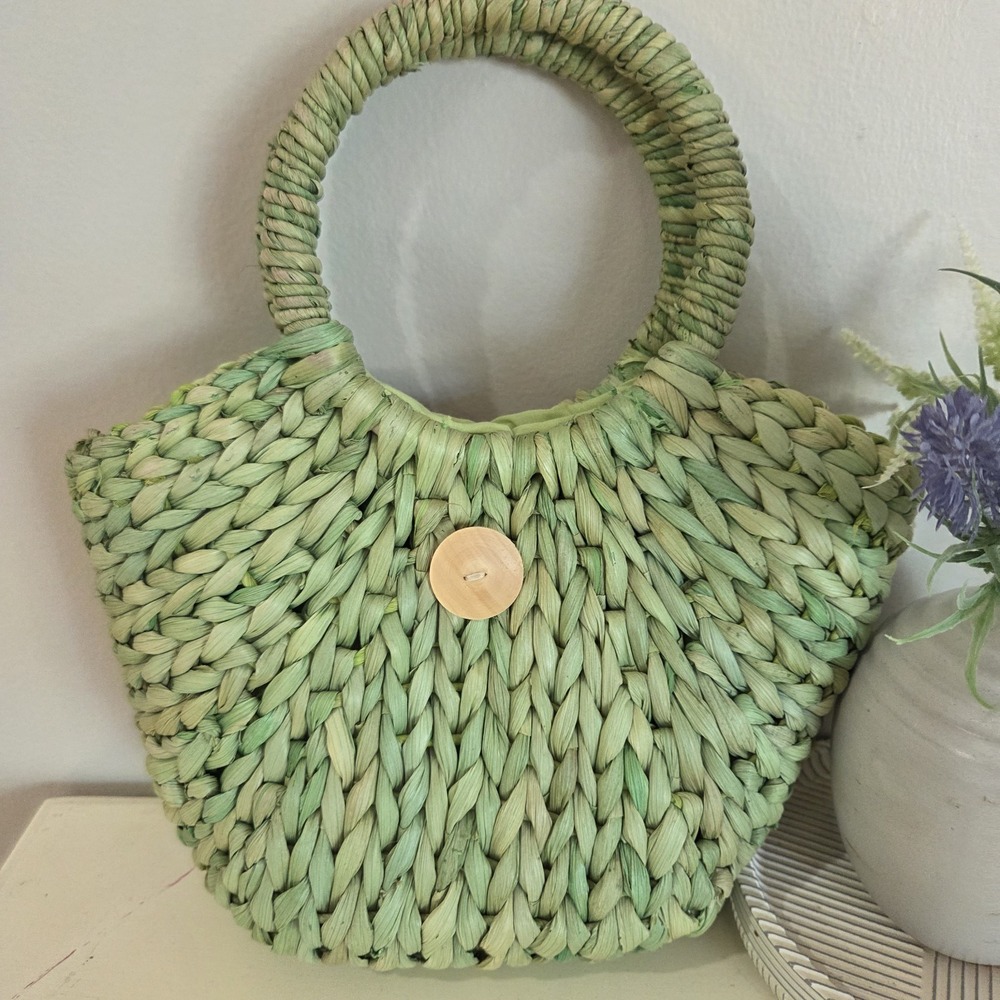 Green Straw Weaved‎ Purse Inside drawstring Bag